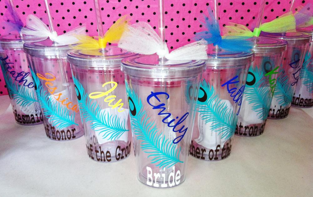 Set Of 12 Personalized Peacock Feather Acrylic Cups With Lids And Straws. Great For Wedding Parties